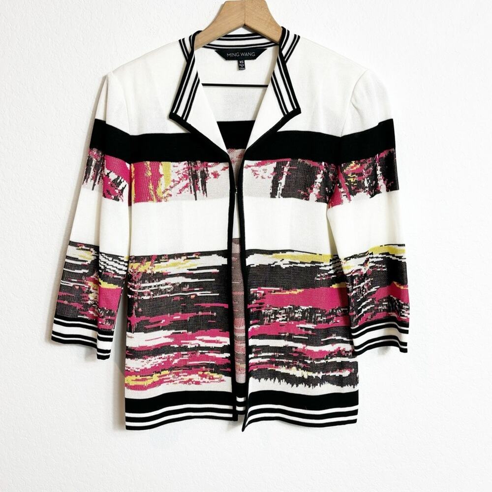 MING WANG BLACK WHITE PINK MULTICOLOR WOMEN JACKET SWEATER TOP  XS BRAND NEW